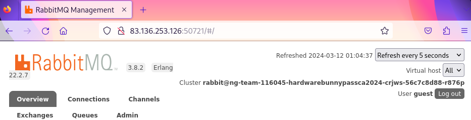RabbitMQ login successful using default guest:guest credentials