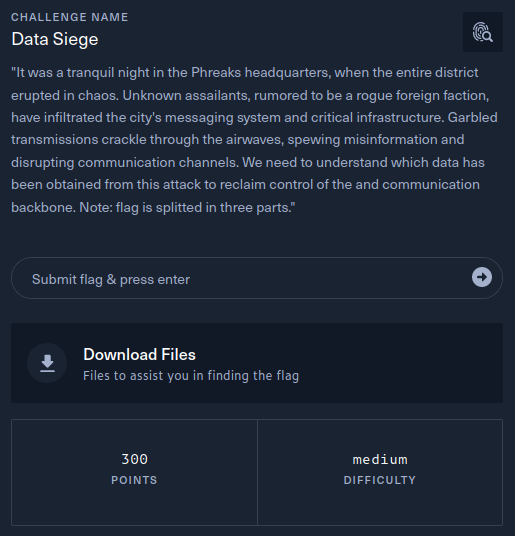 Data Siege challenge description indicating the flag is split into three parts
