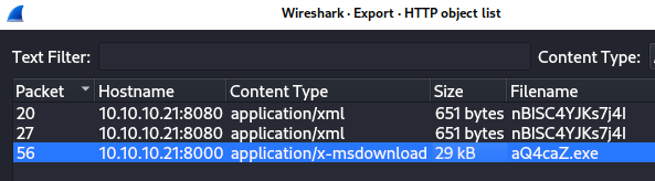 Export HTTP objects dialog used to export aQ4caZ.exe