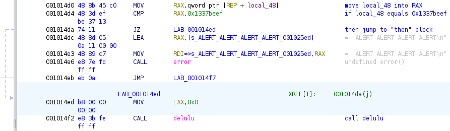 delulu function called if the local_48 stack variable equals the constant 0x1337beef