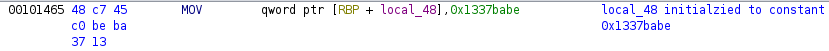 The local_48 stack variable is initialized to the constant 0x1337babe, in contrast to the desired value of 0x1337beef
