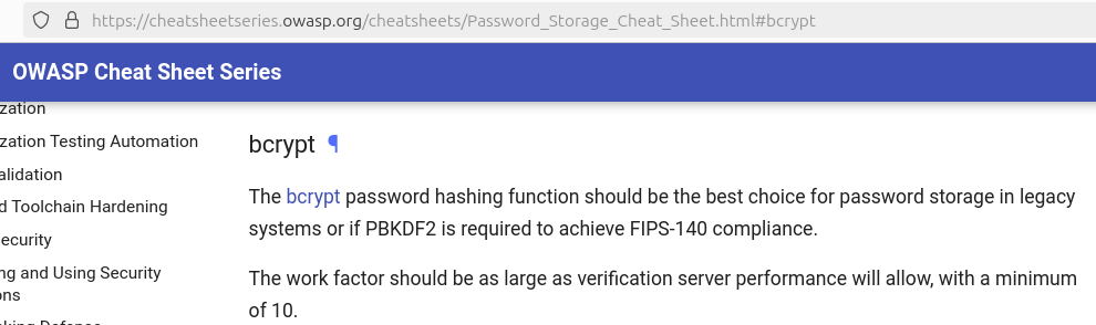 OWASP indicates bcrypt is a legacy password hashing function