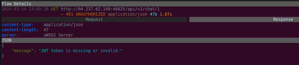 GET /api/v1/chat/1 returns an HTTP 401 Unauthorized error and a message that a JWT is expected