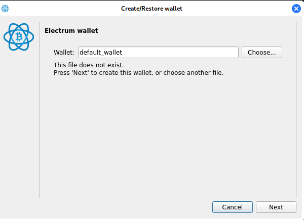 Electrum start screen, with the default wallet name accepted