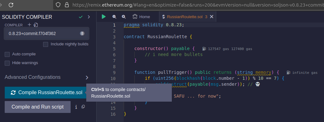 Compiling Russian Roulette smart contract in Remixed, specifying the solidity compiler version to match the pragma