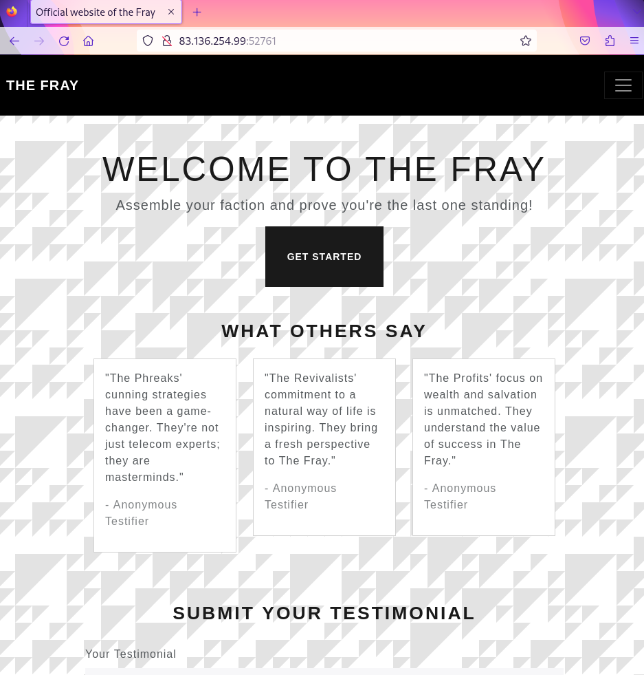 The first port lead to The Fray’s official website, containing a “Submit your testimonial” form at the bottom of the page