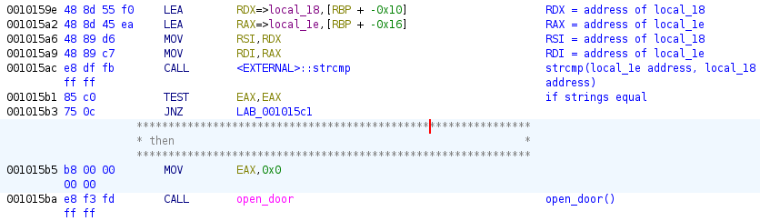 main function calls open_door if local_18 equals local_1e
