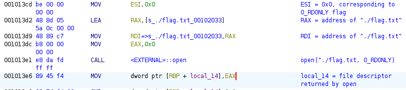 open_door function opens the flag file, with the file descriptor stored in local_14