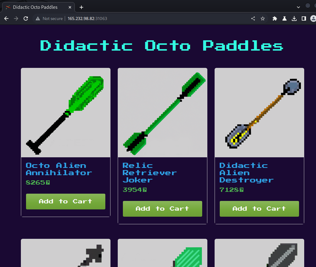 Didactic Octo Paddles eCommerce page displayed after logging in as a self-registered user