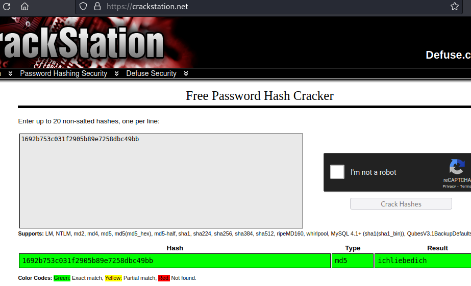 admin MD5 password hash found at crackstation.net