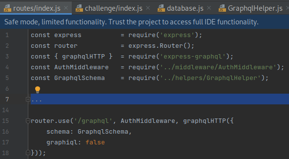 routes/index.js maps the /graqhql route to the GraphqlSchema