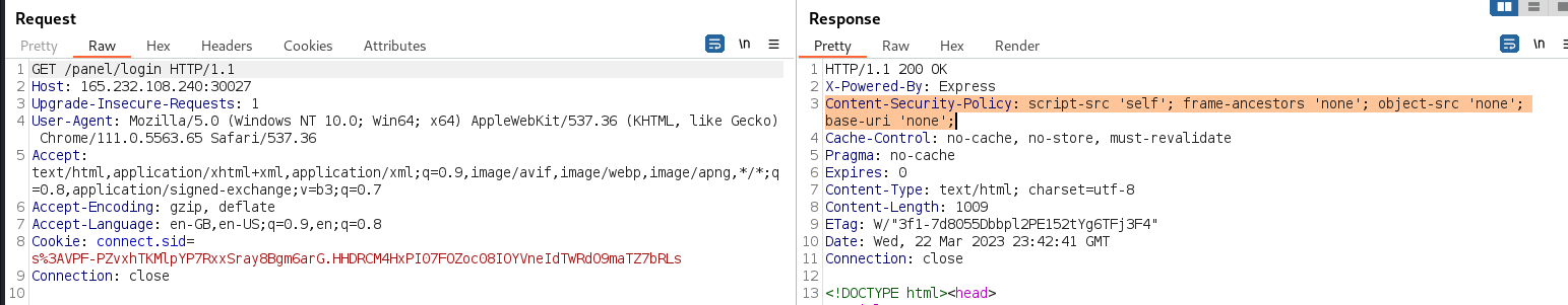 The CSP header was observed in the HTTP responses