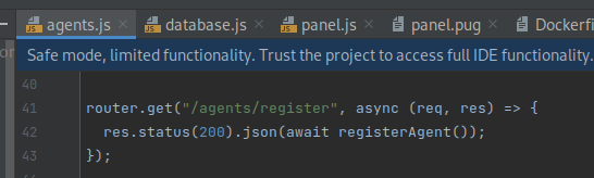 The agents/register route delegates to the registerAgent function imported from database.js