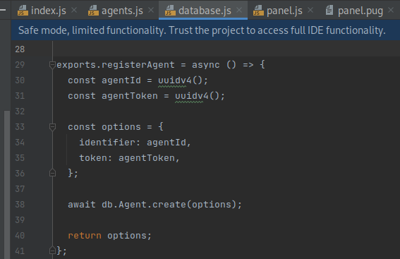 The registerAgent function generates and returns an agentId and agentToken