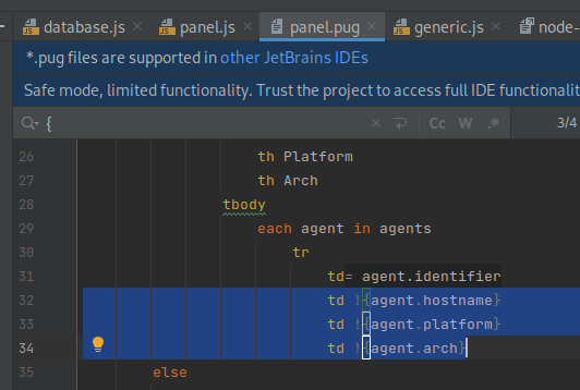 panel.pug contains an XSS vulnerability due to the use of unescaped string interpolation