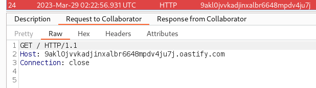 Received Burp Collaborator request, confirming the SSRF vulnerability can be exploited to invoke an external URL