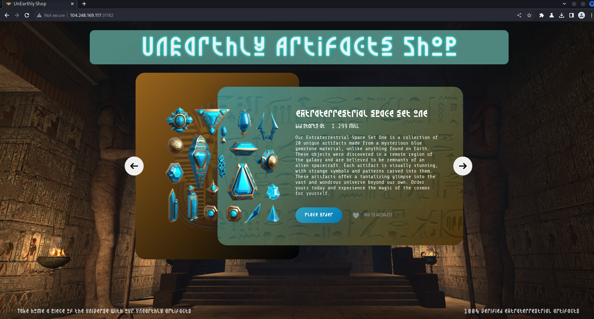 Target website opened in Burp Browser displayed an “UnEarthly Artifacts Shop”