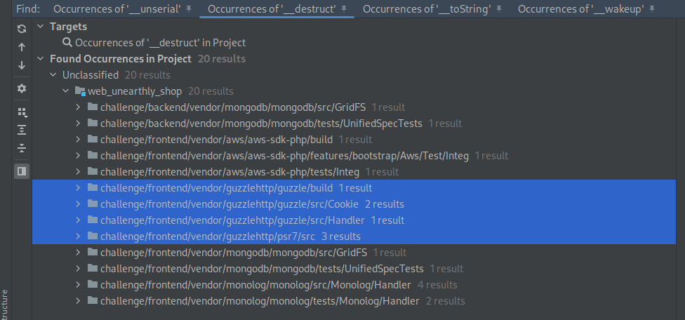 The frontend layer contains the guzzlehtpp vendor module with contains __destruct calls
