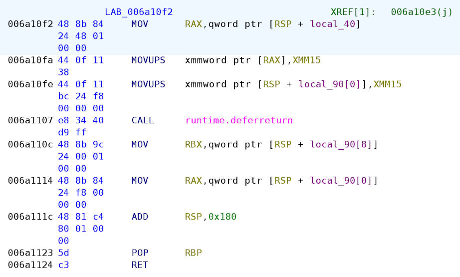 An example block that calls runtime.deferreturn, seemingly to support calling of deferred functions before exit