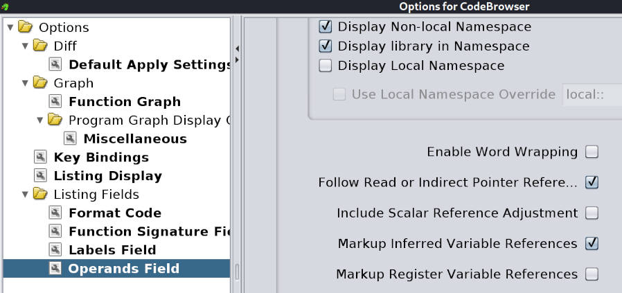 Ghidra configured to disable “Markup Register Variable References”