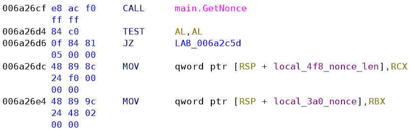 Registers AL, RCX and RBX being used to return multiple values from main.GetNonce