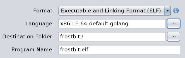 frostbit.elf imported into Ghidra as a golang binary