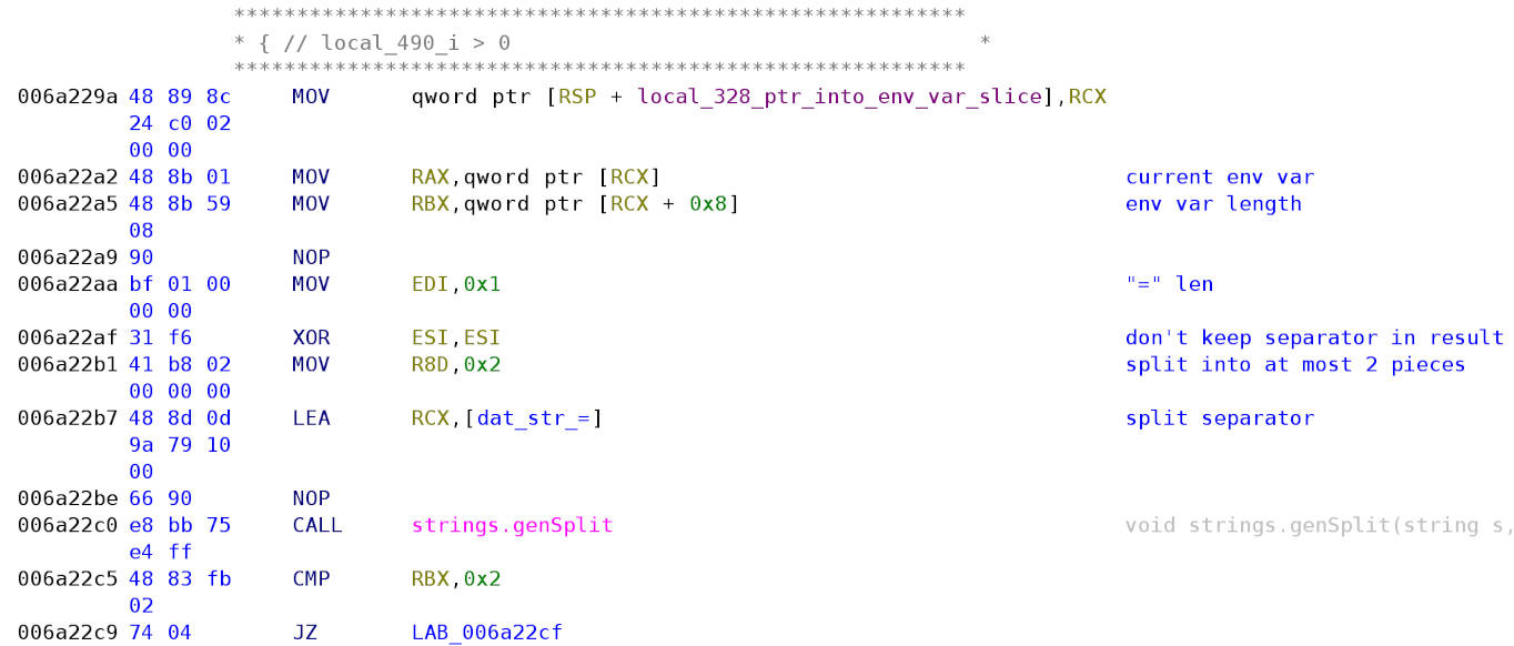 The current environment variable is split into its name and value