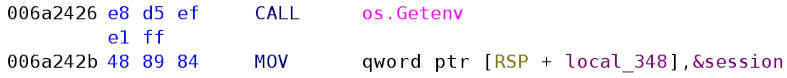 Ghidra’s confusing assembly showing the &session label being used as the return value from os.Getenv