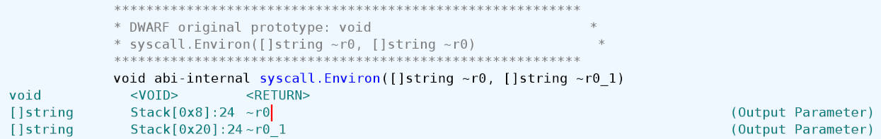 Ghidra shows the syscall.Environ function taking two [] string parameters allocated on the stack, used as output parameters