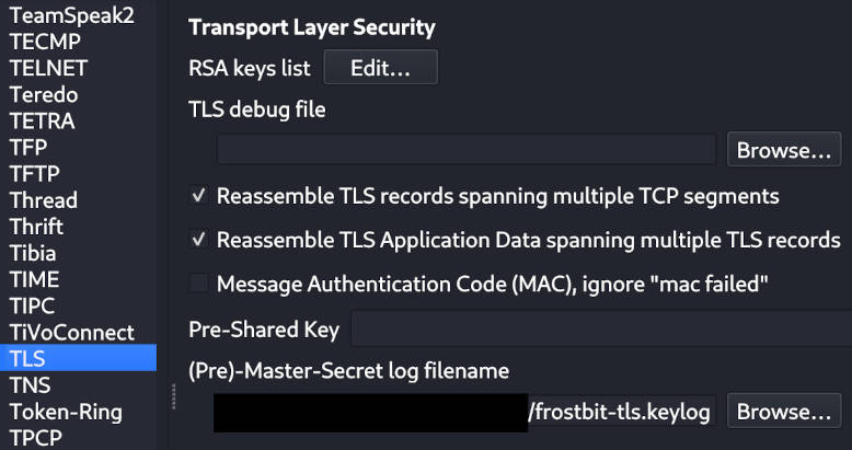 Wireshark was configured with the (pre)-master secrets found in frostbit_core_dump.14