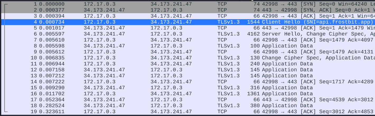 ransomware_traffic.pcap contains a TLS1.3 encrypted session with api.frostbit.app