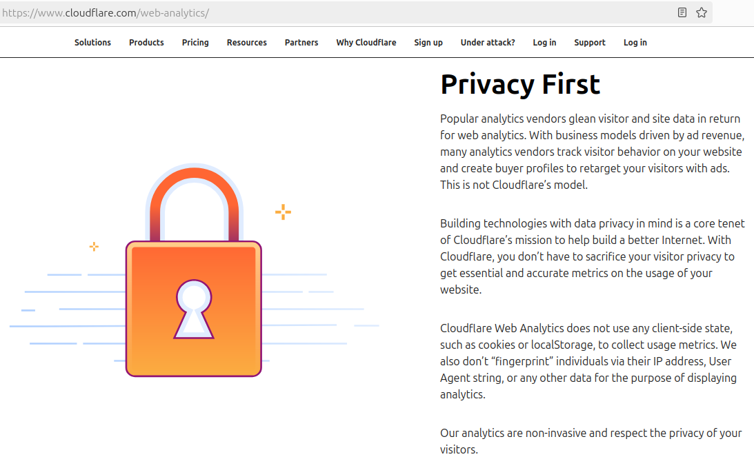 Cloudflare Web Analytics privacy first marketing from their official website